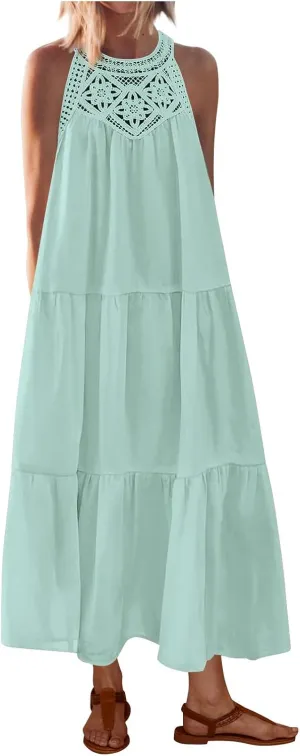 JOAU Summer Tank Dresses for Women 2025 Casual Hollow Out Halter Neck Sleeveless Boho Sundress Tiered Ruffle Beach Maxi Dress