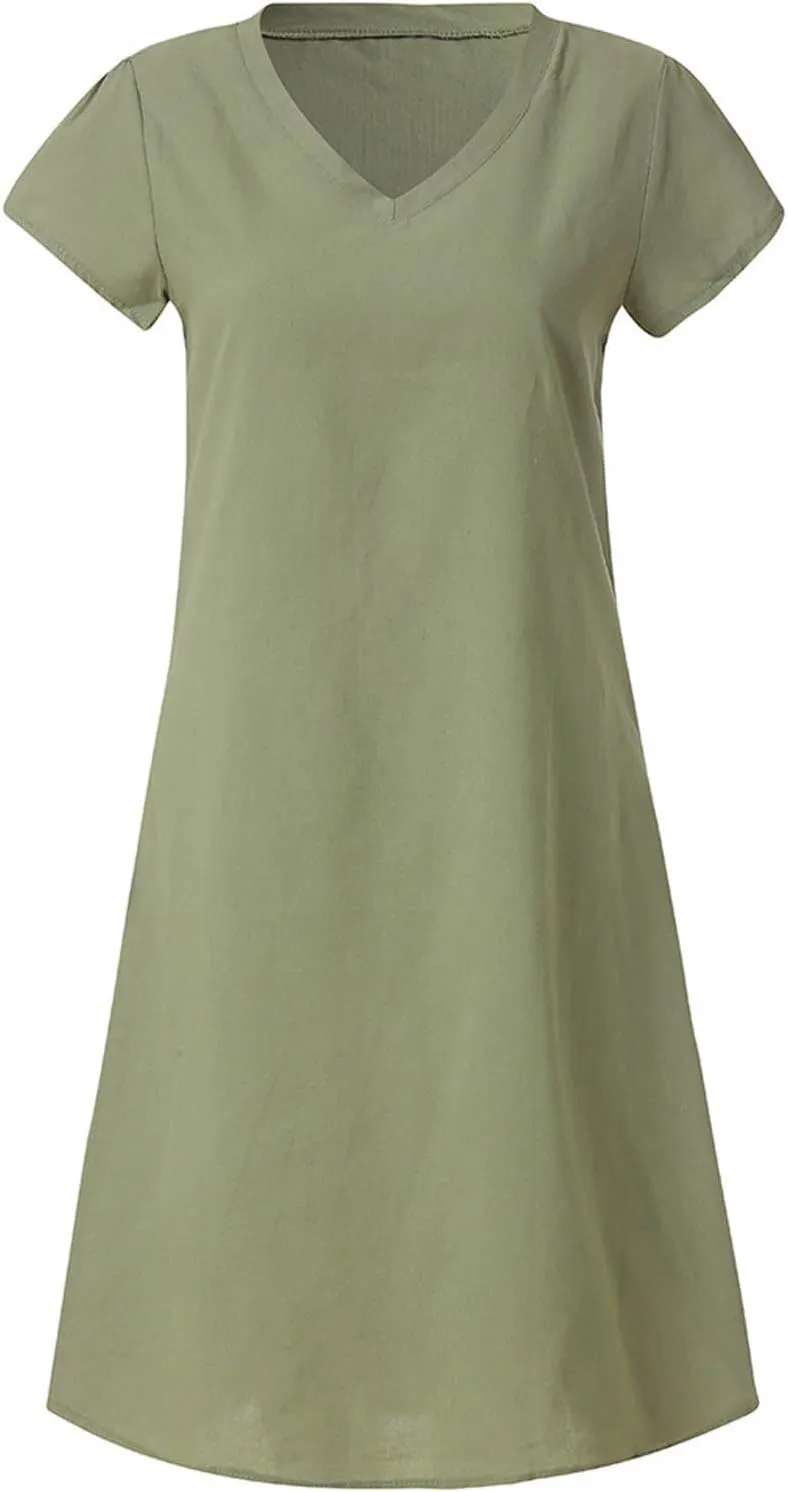 JOAU Women's 2024 Summer Cotton Linen Midi Dress V Neck Beach Vacation Short Sleeve Casual Knee Length Shirt Dresses