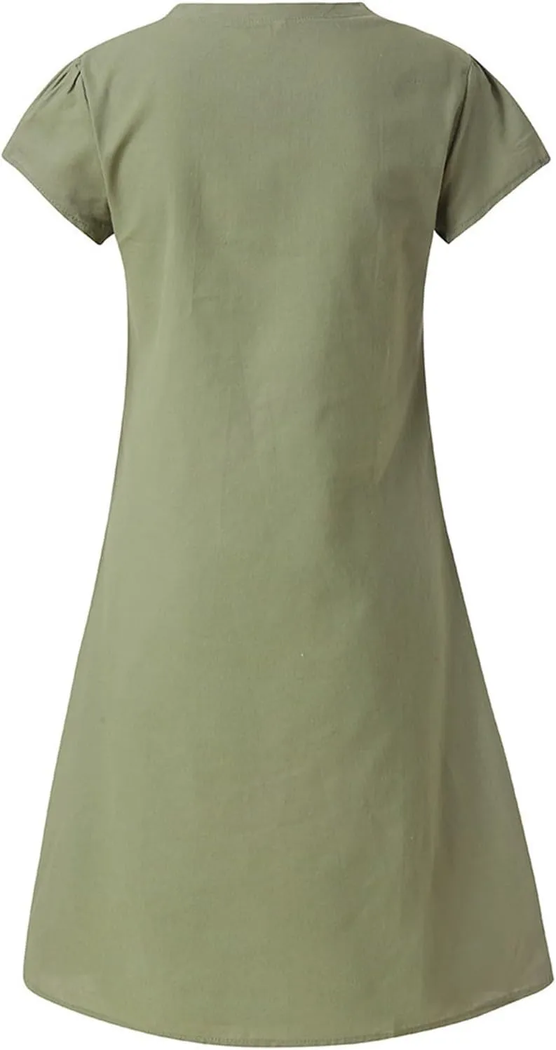 JOAU Women's 2024 Summer Cotton Linen Midi Dress V Neck Beach Vacation Short Sleeve Casual Knee Length Shirt Dresses