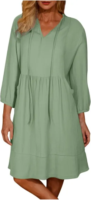JOAU Womens 3/4 Sleeve Shirt Dress Summer Casual V Neck Drawstring Ruffle Hem A-Line Pleated Beach Midi Dresses with Pockets
