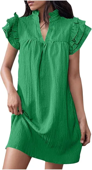 JOAU Womens Summer Dress 2024 Ruffle Short Sleeve V Neck A-Line Mini Dresses Casual Loose Mock Neck Babydoll Shift Dress