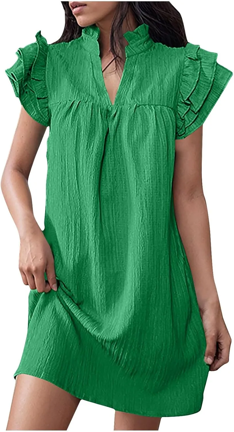 JOAU Womens Summer Dress 2024 Ruffle Short Sleeve V Neck A-Line Mini Dresses Casual Loose Mock Neck Babydoll Shift Dress