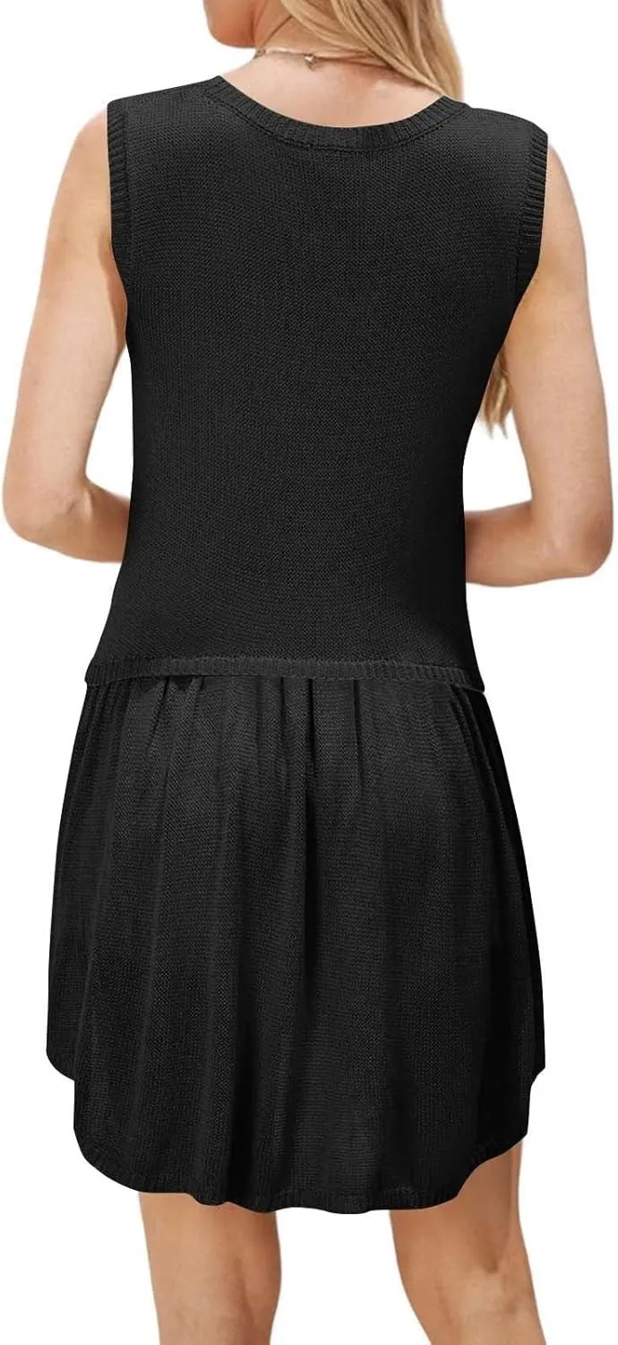 JOAU Women's Summer Ribbed Knit Color Block Mini Tank Dress Sleeveless Irregular Ruffle Hem Beach Swimsuit Cover Up Sundress