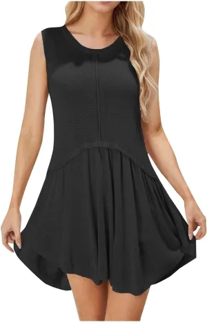JOAU Women's Summer Ribbed Knit Color Block Mini Tank Dress Sleeveless Irregular Ruffle Hem Beach Swimsuit Cover Up Sundress