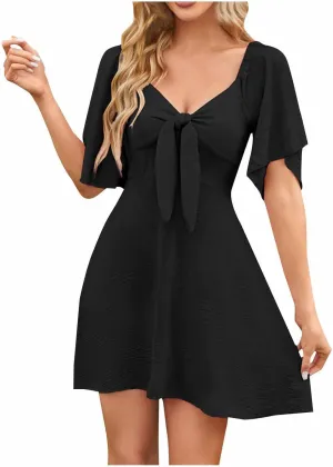 JOAU Women's Twist Front Bowknot Ruffle Short Sleeve Summer Dress Casual Bow Tie V Neck Elegant Tunic Mini Dresses