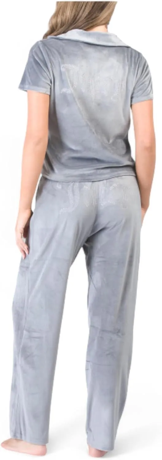 Juicy Couture Women's Short Sleeve Button Down and Pants Pajama Set