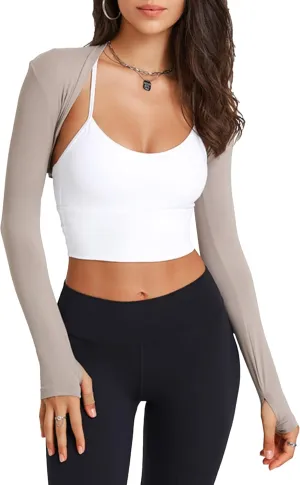 KAMISSY Women Workout Long Sleeve Bolero Shrug Crop Top with Thumb Hole Slim Athletic Open Front Cropped Cardigan Shrug Shirt