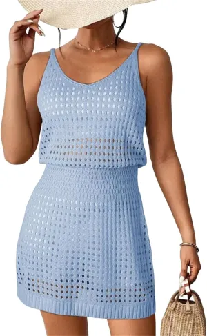 Kubbon Swim Cover Up for Women Crochet Hollow Out Knit Beach Dresses Sleeveless Swimsuits Beach Tank Dresses Coverups