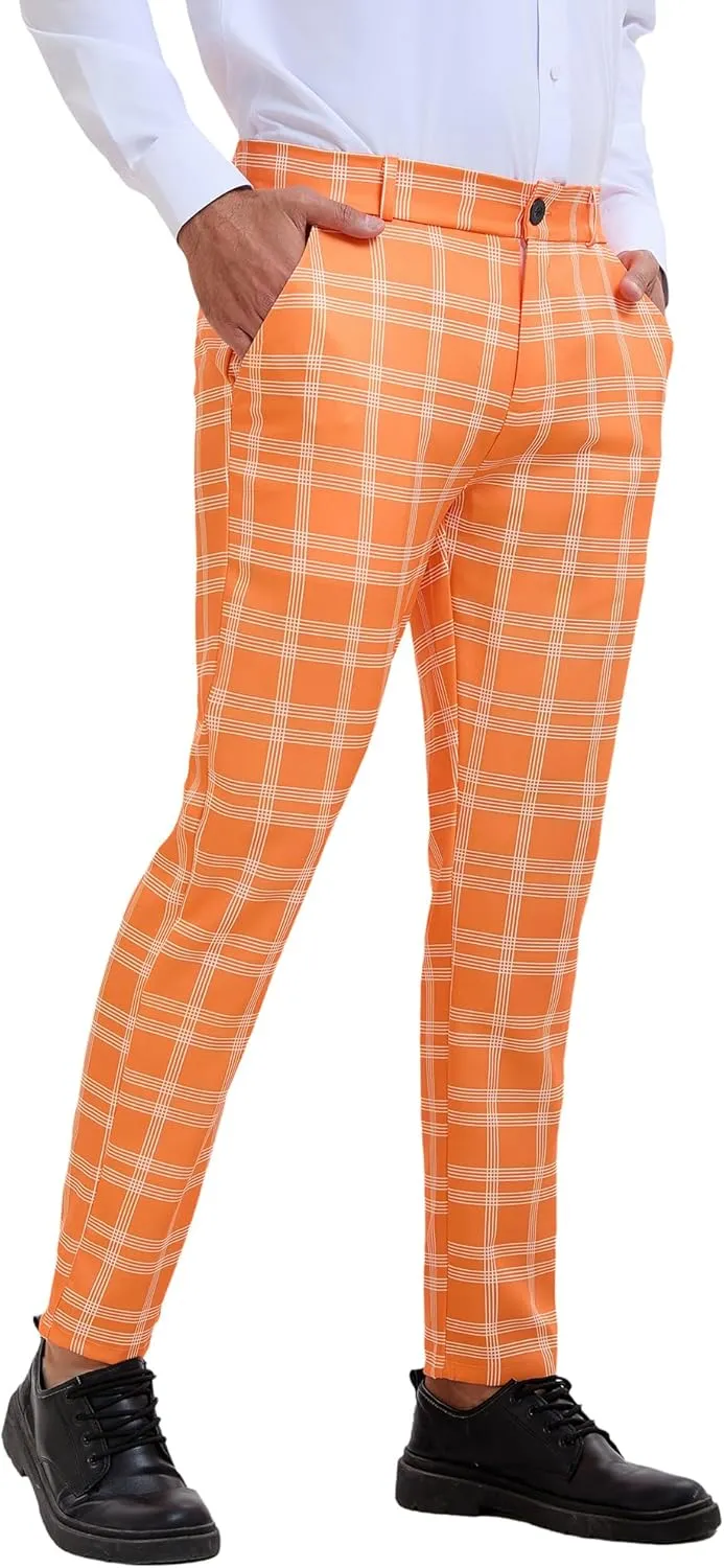 Lars Amadeus Men's Plaid Dress Pants Flat Front Regular Fit Business Checked Trousers