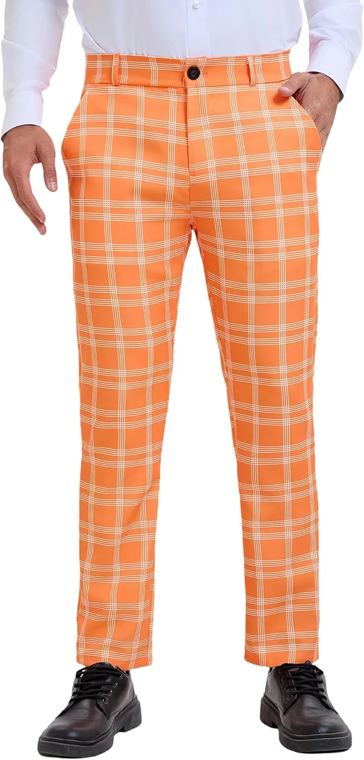 Lars Amadeus Men's Plaid Dress Pants Flat Front Regular Fit Business Checked Trousers