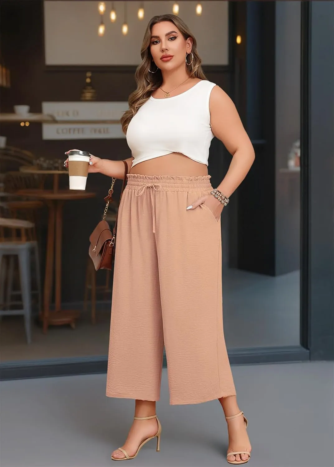 Lastshe Women's Plus Size Wide Leg Capri Pants Loose High Waist Lounge Pants Drawstring Casual Palazzo Trousers with Pockets