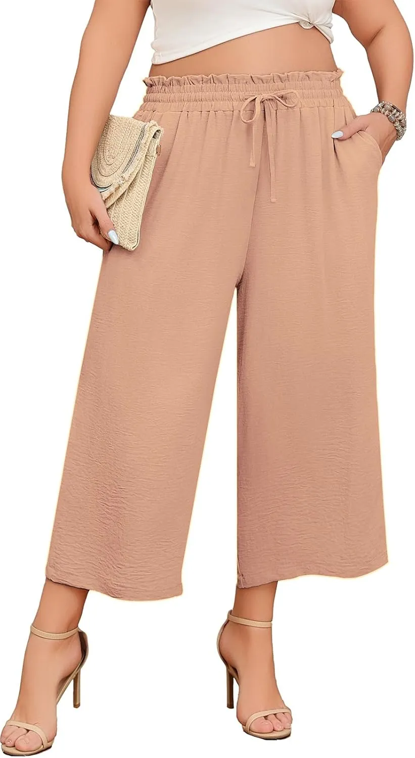 Lastshe Women's Plus Size Wide Leg Capri Pants Loose High Waist Lounge Pants Drawstring Casual Palazzo Trousers with Pockets