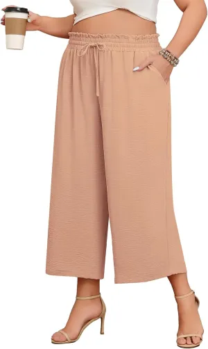 Lastshe Women's Plus Size Wide Leg Capri Pants Loose High Waist Lounge Pants Drawstring Casual Palazzo Trousers with Pockets