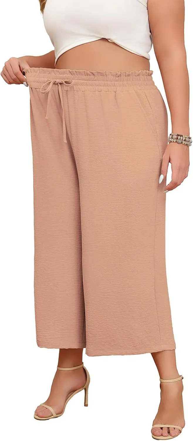 Lastshe Women's Plus Size Wide Leg Capri Pants Loose High Waist Lounge Pants Drawstring Casual Palazzo Trousers with Pockets