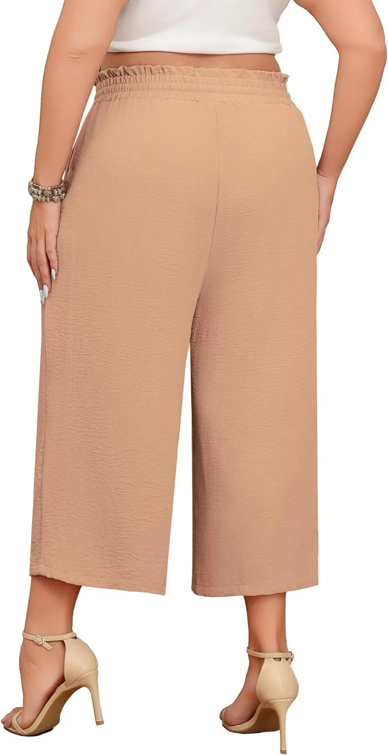Lastshe Women's Plus Size Wide Leg Capri Pants Loose High Waist Lounge Pants Drawstring Casual Palazzo Trousers with Pockets