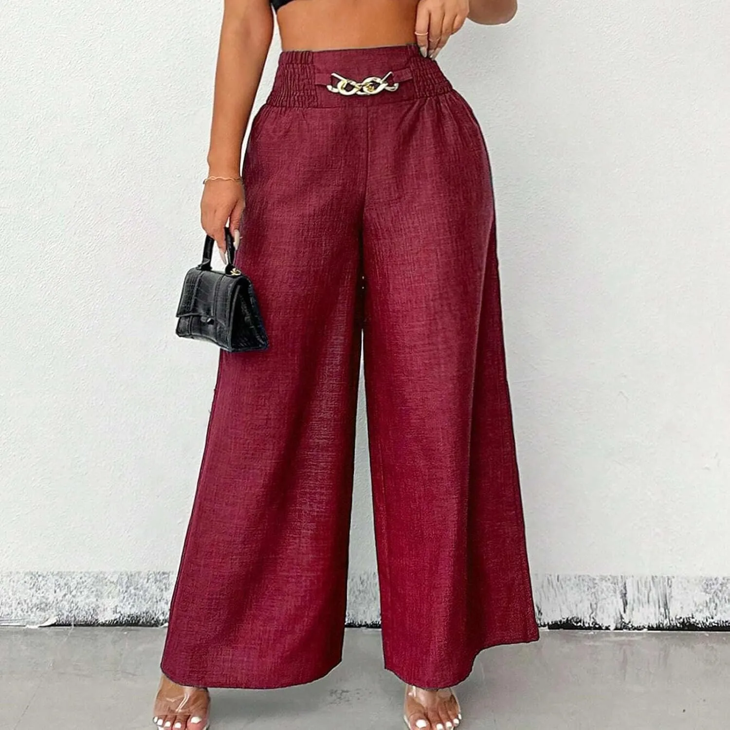 Linen Pants Women Casual Smocked Elastic High Waisted Palazzo Pants with Pockets Summer Lightweight Baggy Dressy Trouser