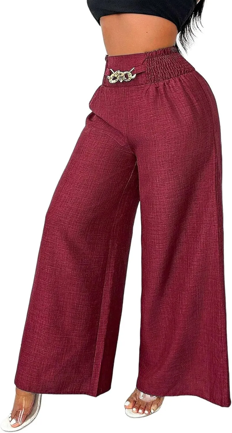 Linen Pants Women Casual Smocked Elastic High Waisted Palazzo Pants with Pockets Summer Lightweight Baggy Dressy Trouser