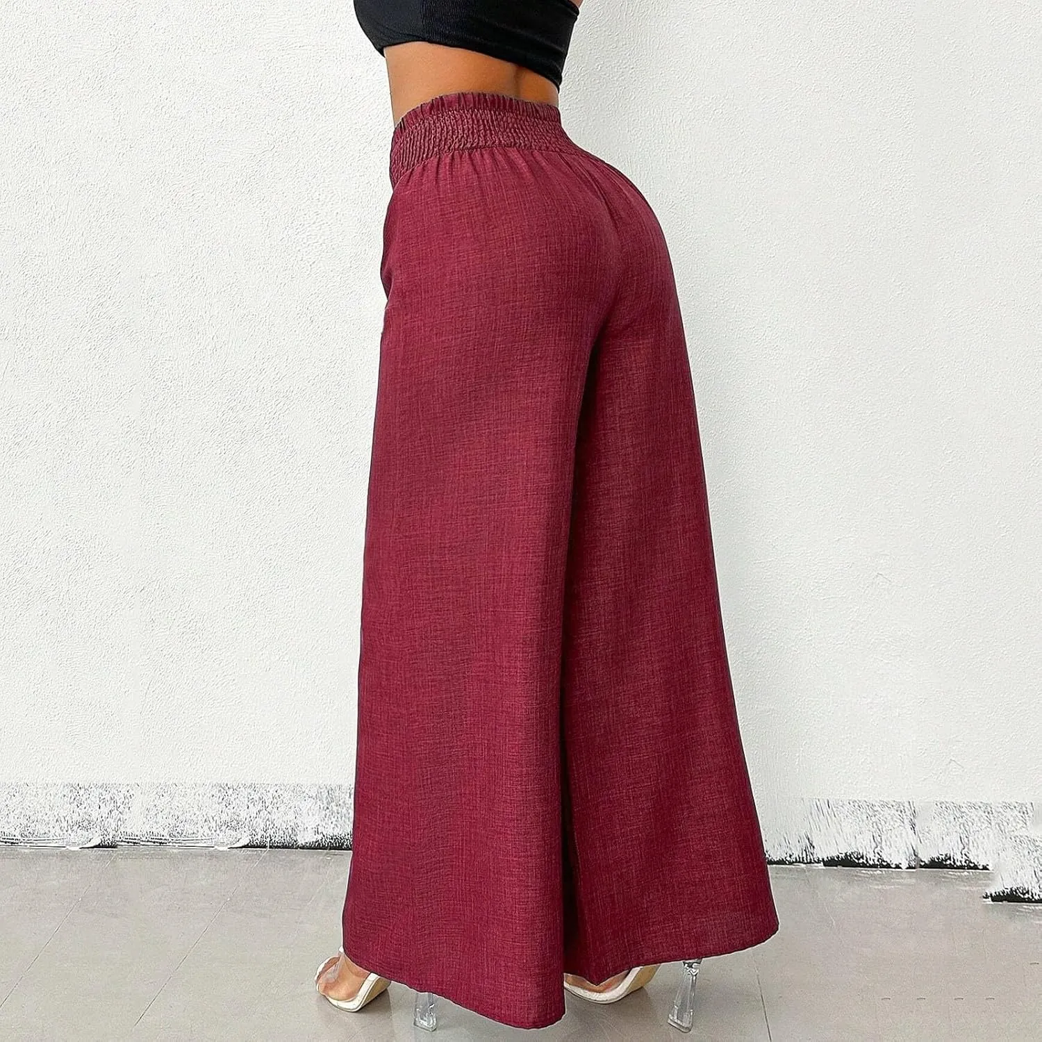 Linen Pants Women Casual Smocked Elastic High Waisted Palazzo Pants with Pockets Summer Lightweight Baggy Dressy Trouser