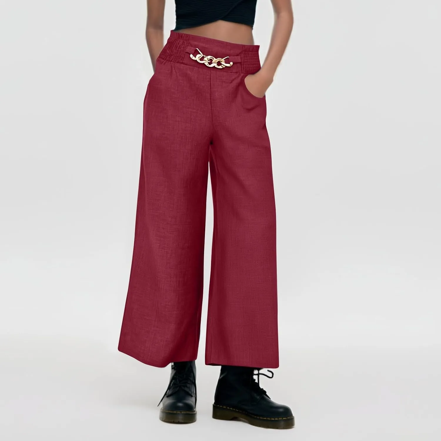 Linen Pants Women Casual Smocked Elastic High Waisted Palazzo Pants with Pockets Summer Lightweight Baggy Dressy Trouser