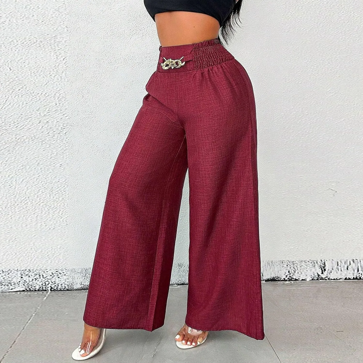 Linen Pants Women Casual Smocked Elastic High Waisted Palazzo Pants with Pockets Summer Lightweight Baggy Dressy Trouser