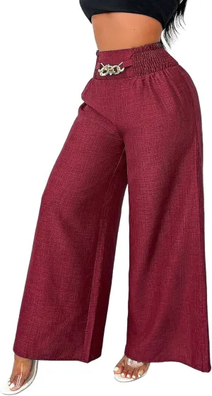 Linen Pants Women Casual Smocked Elastic High Waisted Palazzo Pants with Pockets Summer Lightweight Baggy Dressy Trouser