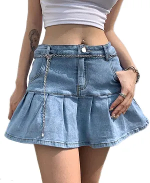 lisenraIn Women Girls Pleated Mini Skirt High Waist Denim Skirt School Uniform Tennis Skirt with Shorts Underneath