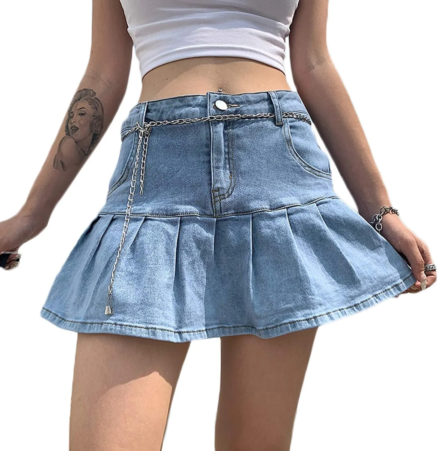 lisenraIn Women Girls Pleated Mini Skirt High Waist Denim Skirt School Uniform Tennis Skirt with Shorts Underneath