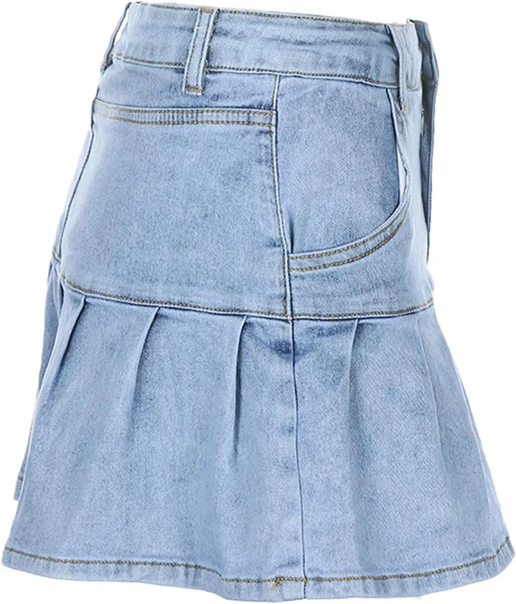 lisenraIn Women Girls Pleated Mini Skirt High Waist Denim Skirt School Uniform Tennis Skirt with Shorts Underneath