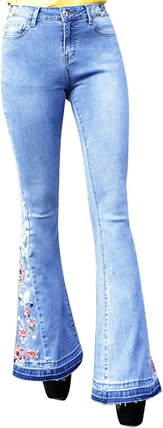 Lisskolo Bell Bottom Jeans for Women Flared Floral Embroidered Jean Wide Leg Denim Pants