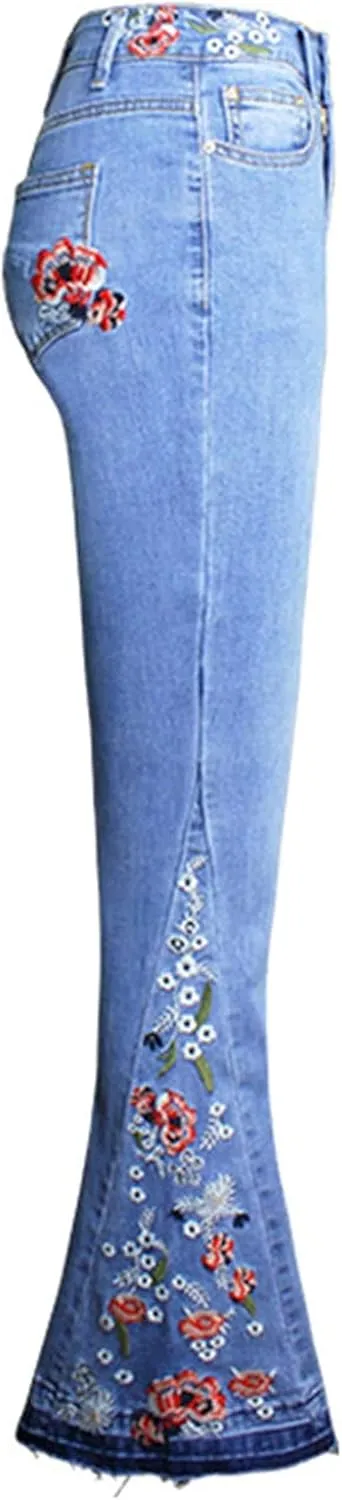 Lisskolo Bell Bottom Jeans for Women Flared Floral Embroidered Jean Wide Leg Denim Pants