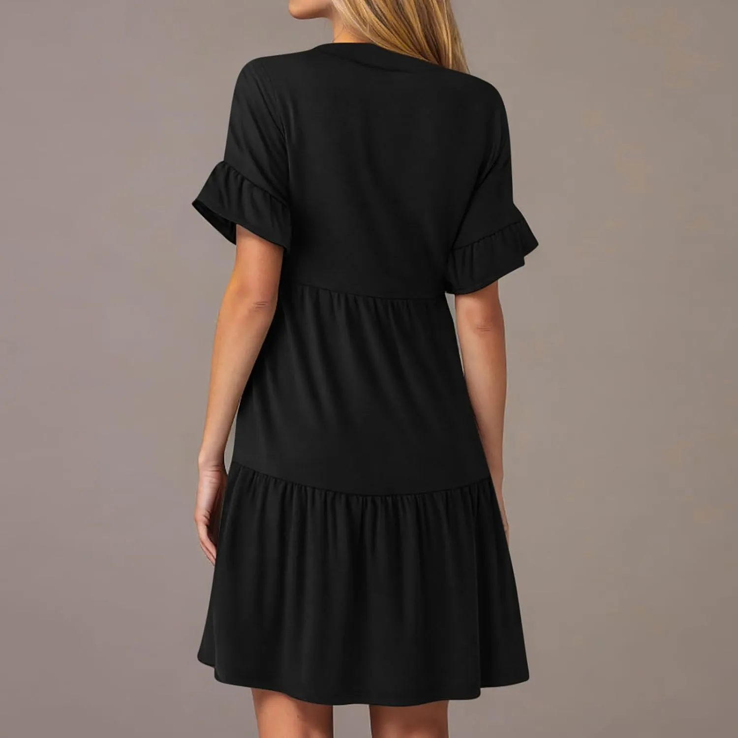 Lmdudan Dresses for Women Summer V Neck Ruffle Sleeve A Line Tiered Flowy Dresses Casual Trendy Mini Beach Dress with Pockets