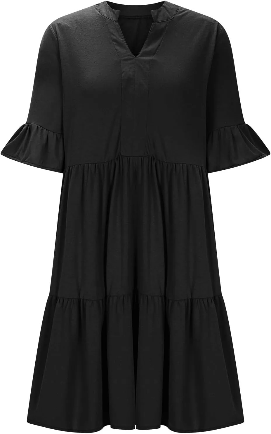 Lmdudan Dresses for Women Summer V Neck Ruffle Sleeve A Line Tiered Flowy Dresses Casual Trendy Mini Beach Dress with Pockets