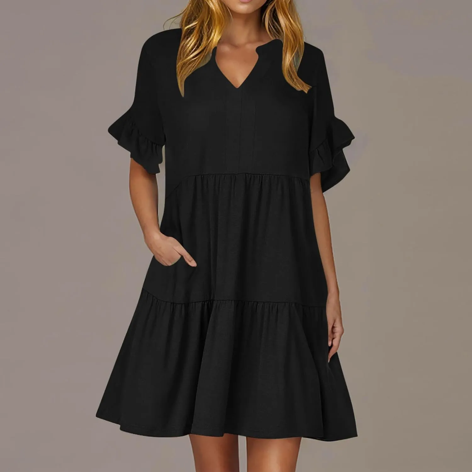 Lmdudan Dresses for Women Summer V Neck Ruffle Sleeve A Line Tiered Flowy Dresses Casual Trendy Mini Beach Dress with Pockets