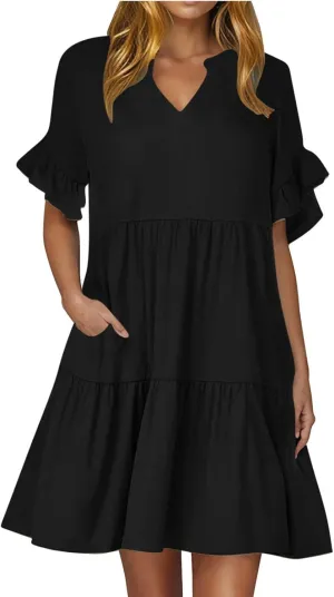 Lmdudan Dresses for Women Summer V Neck Ruffle Sleeve A Line Tiered Flowy Dresses Casual Trendy Mini Beach Dress with Pockets
