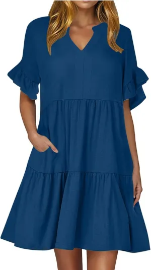 Lmdudan Womens Mini Beach Dress with Pockets 2025 Summer Trendy Dresses Ruffle Short Sleeve V Neck A Line Tiered Flowy Dress