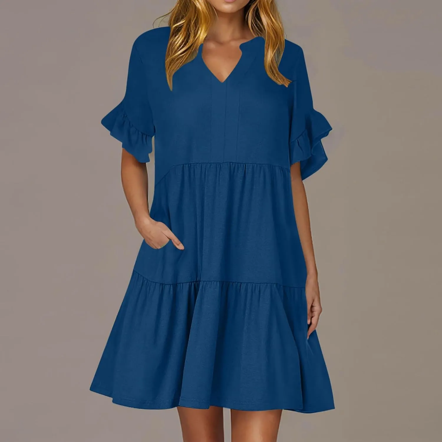 Lmdudan Womens Mini Beach Dress with Pockets 2025 Summer Trendy Dresses Ruffle Short Sleeve V Neck A Line Tiered Flowy Dress