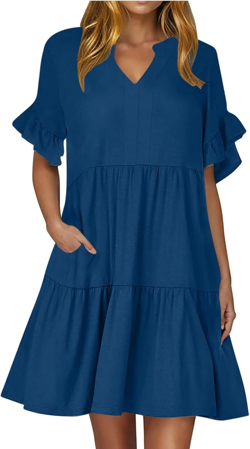 Lmdudan Womens Mini Beach Dress with Pockets 2025 Summer Trendy Dresses Ruffle Short Sleeve V Neck A Line Tiered Flowy Dress