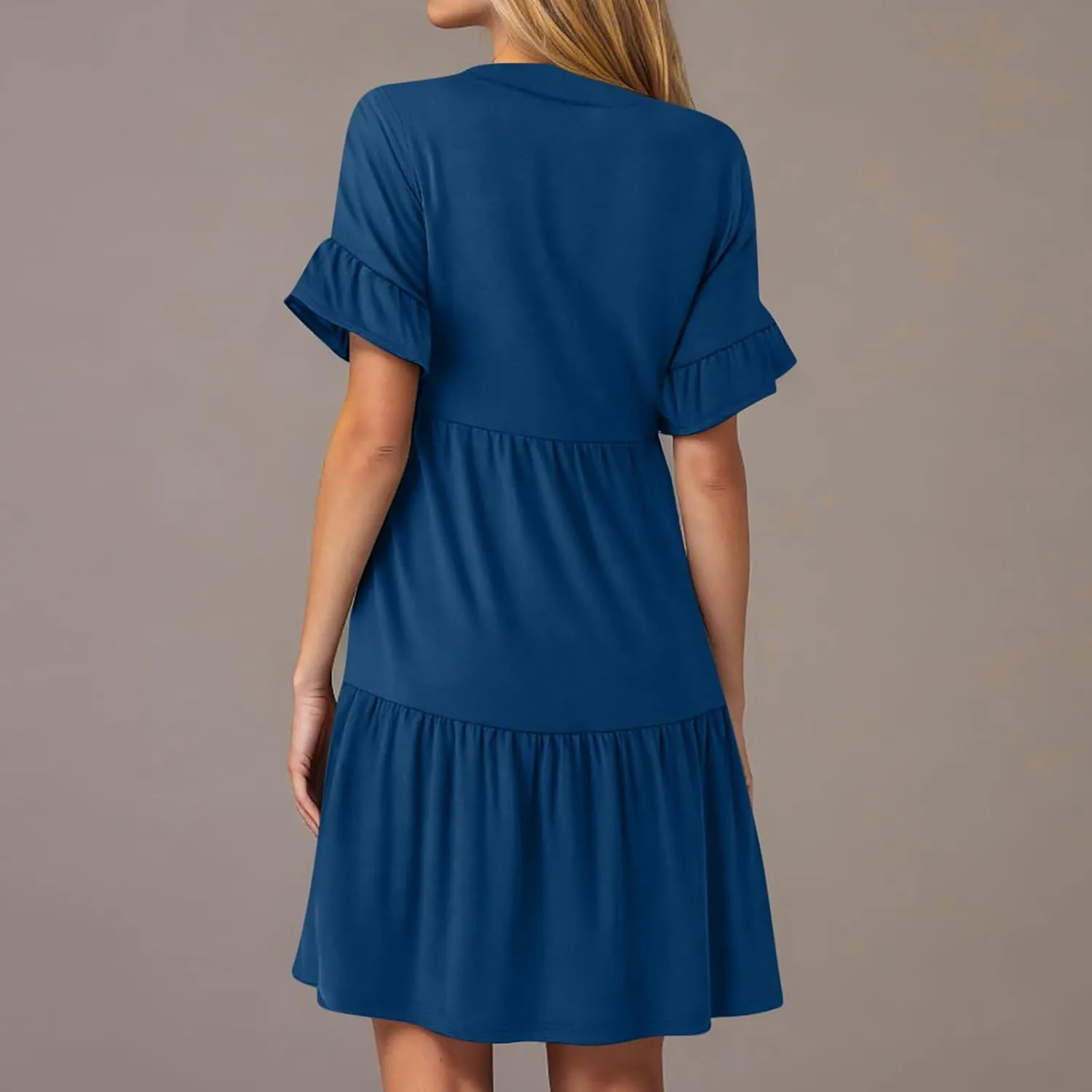 Lmdudan Womens Mini Beach Dress with Pockets 2025 Summer Trendy Dresses Ruffle Short Sleeve V Neck A Line Tiered Flowy Dress