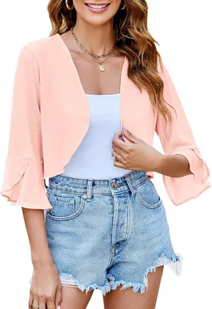 LOMON 3/4 Sleeve Cropped Cardigan for Women Lightweight Open Front Bolero Shrug for Dresses