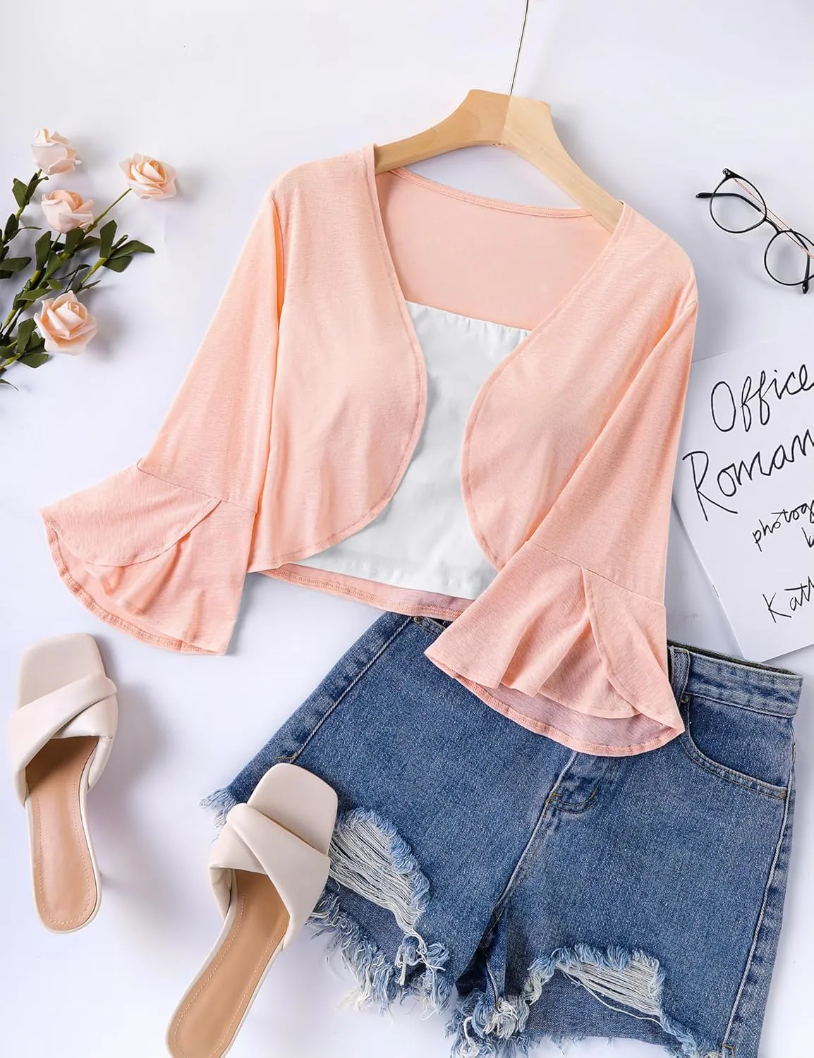 LOMON 3/4 Sleeve Cropped Cardigan for Women Lightweight Open Front Bolero Shrug for Dresses