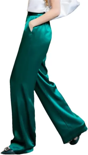 Loose High Waist Satin Pants for Women Long Pants Wide Leg Trousers