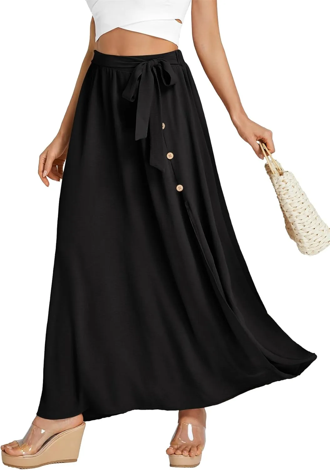 LYANER Women's Casual Tie Waist Button Front Split Skirts High Waist Swing Flowy Maxi Skirt