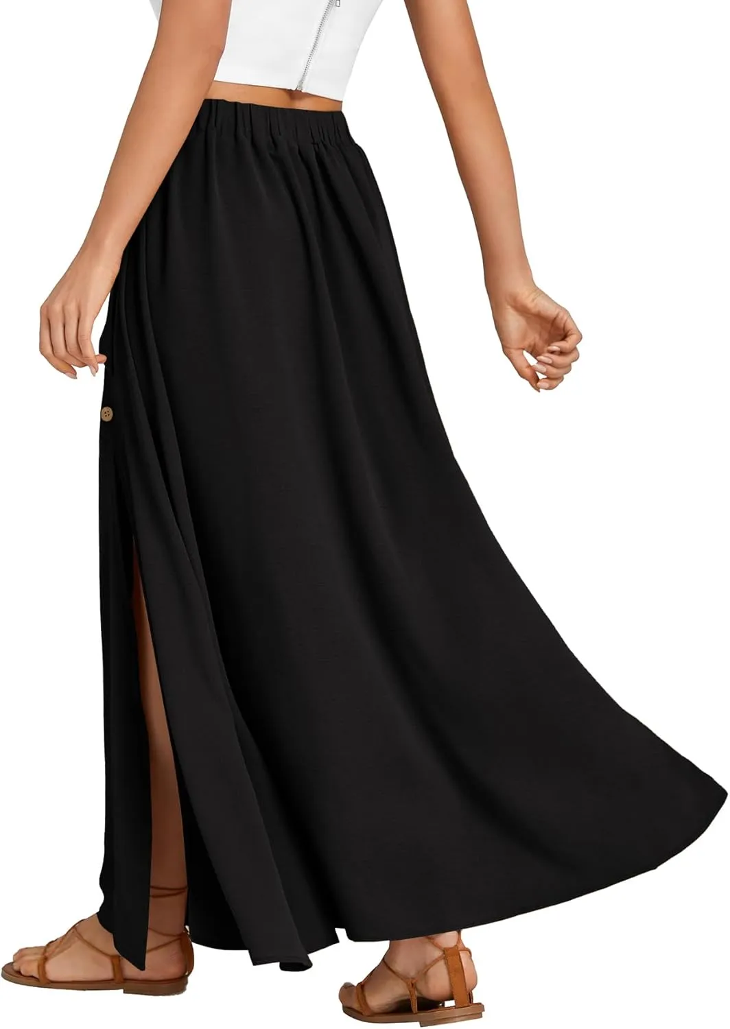 LYANER Women's Casual Tie Waist Button Front Split Skirts High Waist Swing Flowy Maxi Skirt