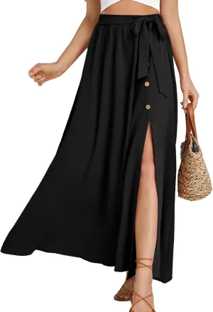 LYANER Women's Casual Tie Waist Button Front Split Skirts High Waist Swing Flowy Maxi Skirt
