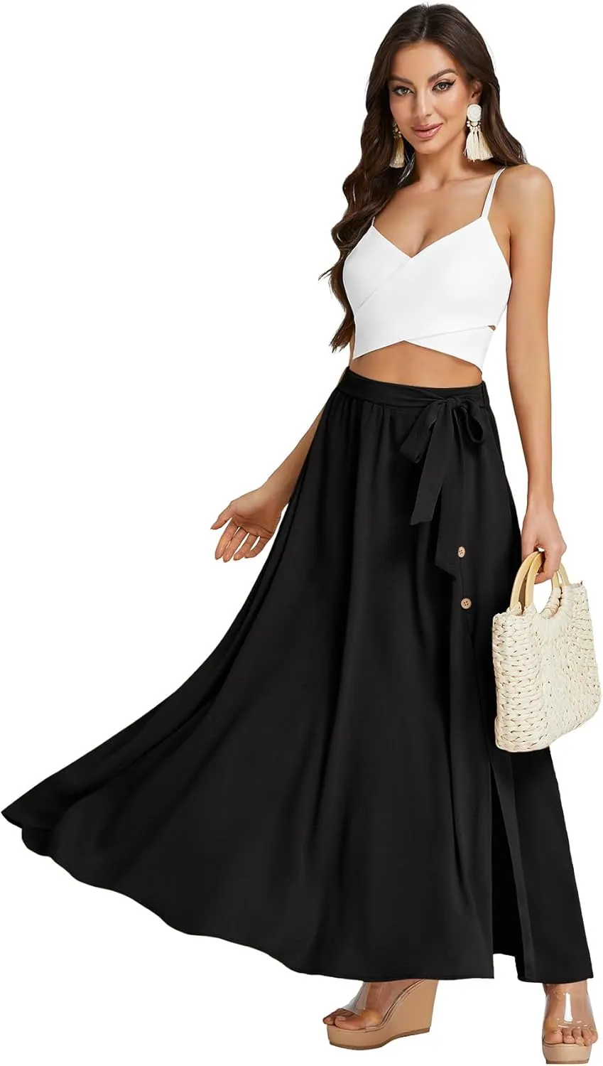 LYANER Women's Casual Tie Waist Button Front Split Skirts High Waist Swing Flowy Maxi Skirt