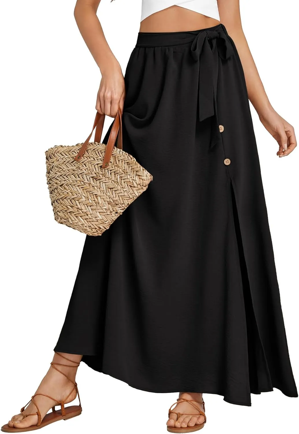 LYANER Women's Casual Tie Waist Button Front Split Skirts High Waist Swing Flowy Maxi Skirt