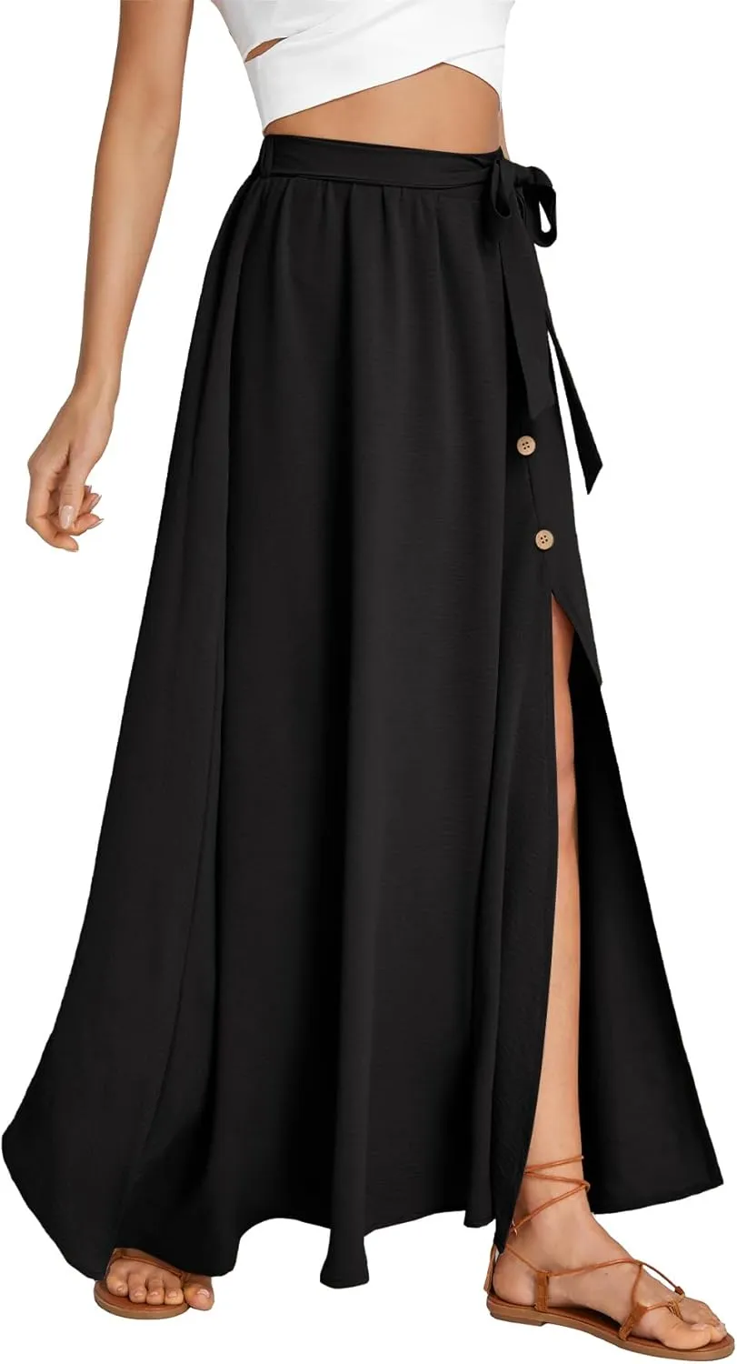 LYANER Women's Casual Tie Waist Button Front Split Skirts High Waist Swing Flowy Maxi Skirt
