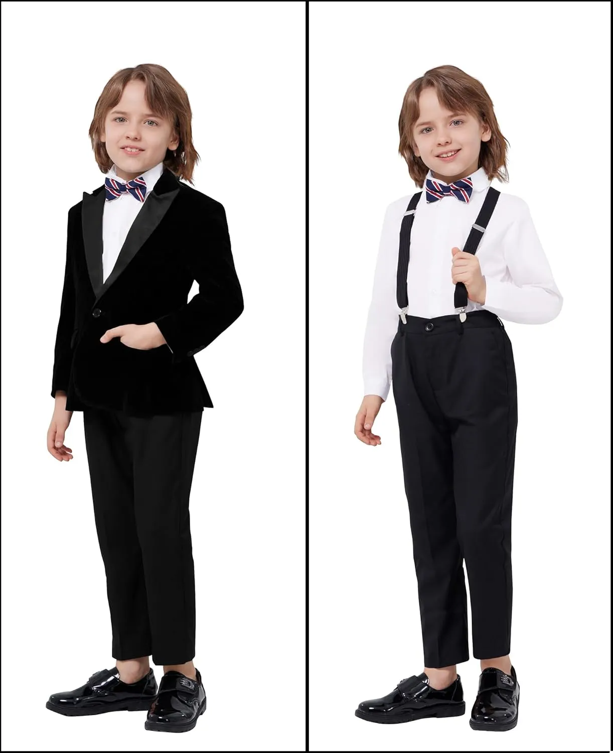 MAGE MALE Boys Velvet 3 Pieces Suit Multiple Colour Jacket Pants Set for Wedding Prom Party Tuxedo with Kids Suspenders