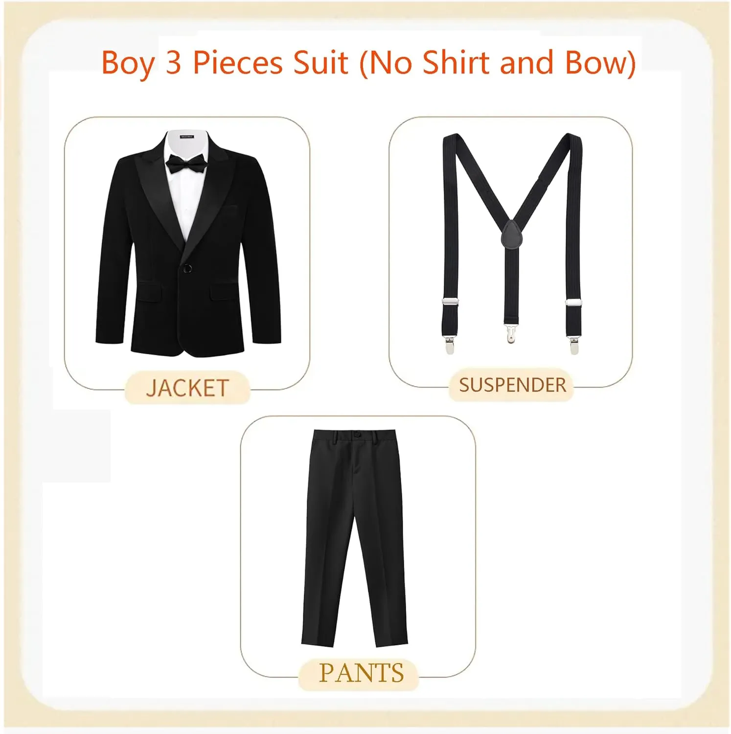 MAGE MALE Boys Velvet 3 Pieces Suit Multiple Colour Jacket Pants Set for Wedding Prom Party Tuxedo with Kids Suspenders