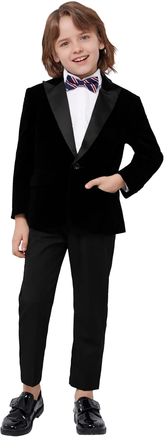 MAGE MALE Boys Velvet 3 Pieces Suit Multiple Colour Jacket Pants Set for Wedding Prom Party Tuxedo with Kids Suspenders